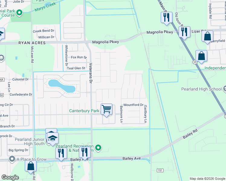 map of restaurants, bars, coffee shops, grocery stores, and more near 3602 Harewood Court in Pearland