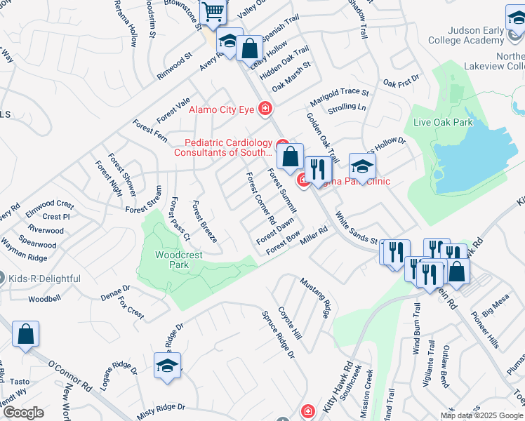 map of restaurants, bars, coffee shops, grocery stores, and more near 8014 Forest Ash in Live Oak