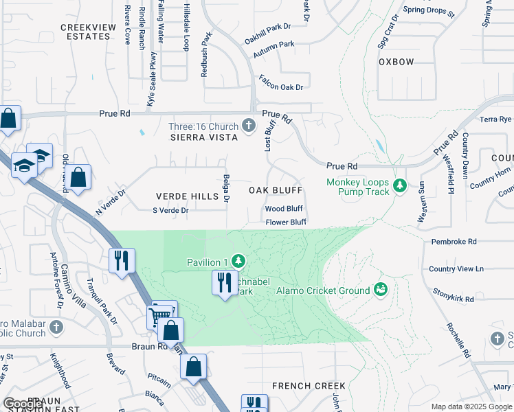 map of restaurants, bars, coffee shops, grocery stores, and more near 10223 Arbor Bluff in San Antonio