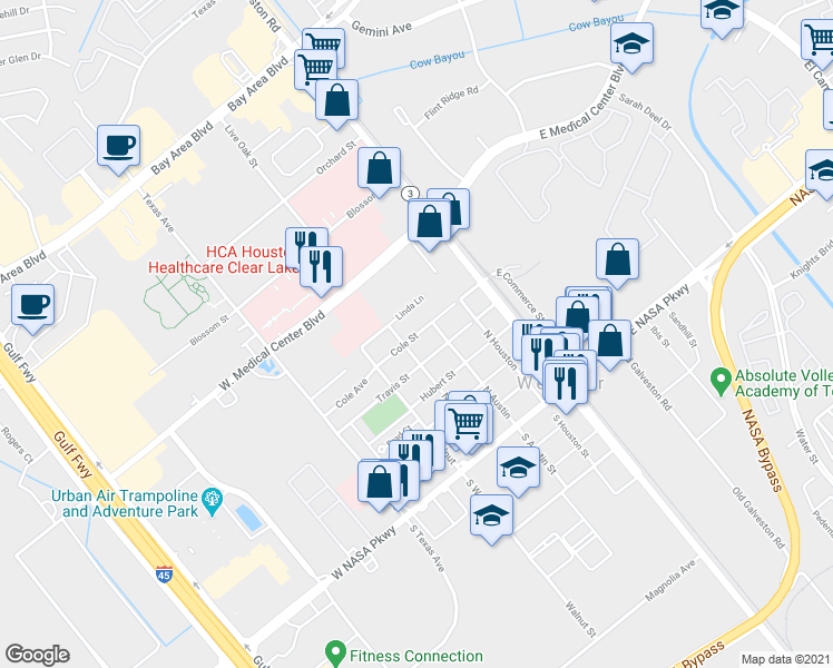 map of restaurants, bars, coffee shops, grocery stores, and more near 352 Cole Street in Webster