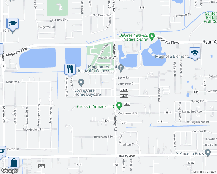 map of restaurants, bars, coffee shops, grocery stores, and more near 6107 Larrycrest Drive in Pearland