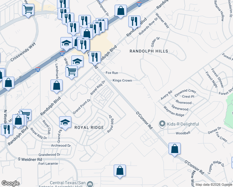 map of restaurants, bars, coffee shops, grocery stores, and more near 6423 Antares Park in San Antonio