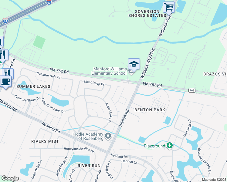 map of restaurants, bars, coffee shops, grocery stores, and more near 219 Paddle Fish Place in Rosenberg