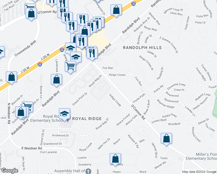 map of restaurants, bars, coffee shops, grocery stores, and more near 6423 Antares Park in San Antonio