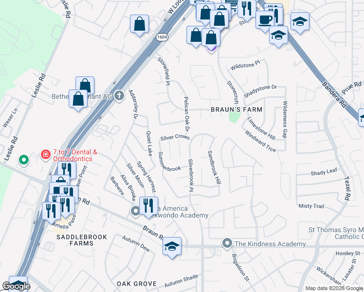 map of restaurants, bars, coffee shops, grocery stores, and more near 10138 Silverwagon in San Antonio