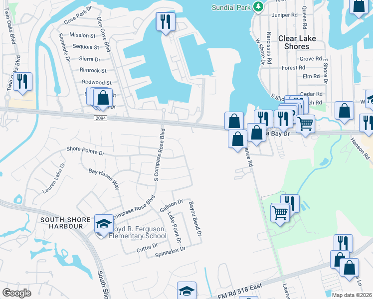map of restaurants, bars, coffee shops, grocery stores, and more near 224 Sunset Ridge Drive in League City