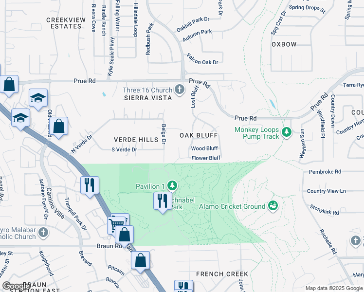 map of restaurants, bars, coffee shops, grocery stores, and more near 10223 Arbor Bluff in San Antonio