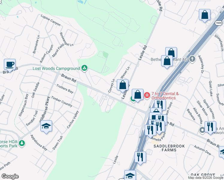map of restaurants, bars, coffee shops, grocery stores, and more near 9839 Cochem Path in Helotes