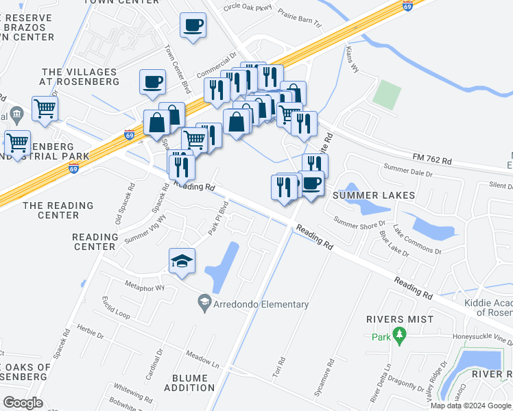 map of restaurants, bars, coffee shops, grocery stores, and more near 7146 Reading Road in Rosenberg