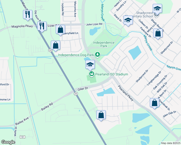 map of restaurants, bars, coffee shops, grocery stores, and more near 3775 South Main Street in Pearland