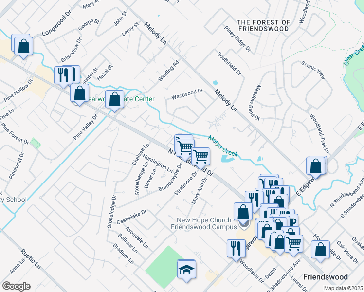 map of restaurants, bars, coffee shops, grocery stores, and more near 511 North Friendswood Drive in Friendswood
