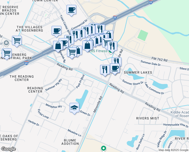 map of restaurants, bars, coffee shops, grocery stores, and more near 4072 Reading Road in Rosenberg