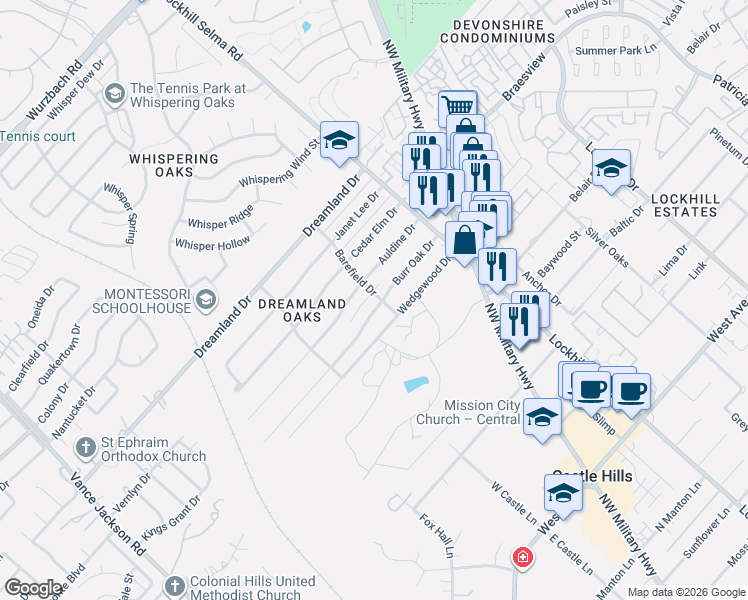 map of restaurants, bars, coffee shops, grocery stores, and more near 10819 Burr Oak Drive in San Antonio