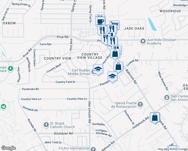 map of restaurants, bars, coffee shops, grocery stores, and more near 6558 Horn Boulevard in San Antonio