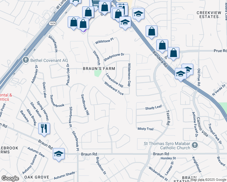 map of restaurants, bars, coffee shops, grocery stores, and more near 9202 Windward Trce in San Antonio