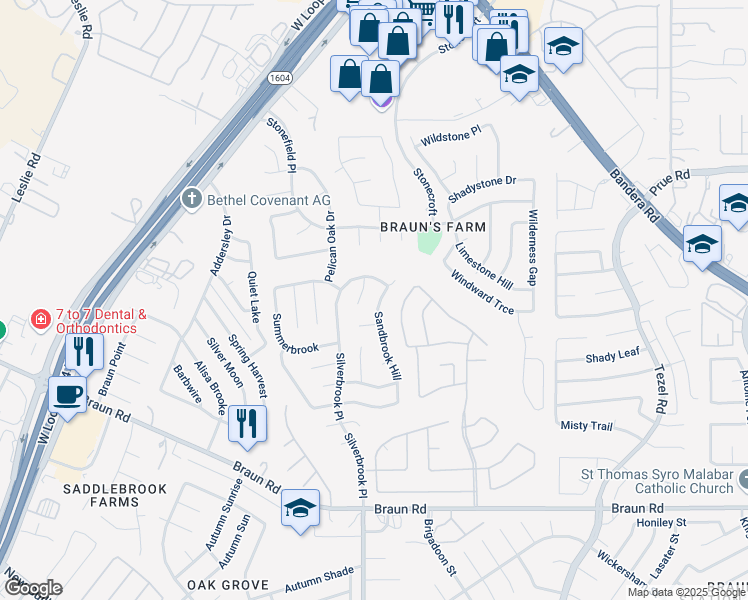 map of restaurants, bars, coffee shops, grocery stores, and more near 10219 Sandbrook Hill in San Antonio