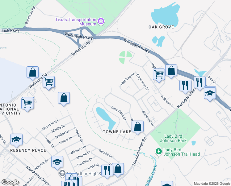 map of restaurants, bars, coffee shops, grocery stores, and more near 10919 Wayward Drive in San Antonio