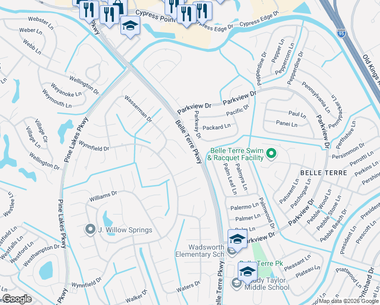 map of restaurants, bars, coffee shops, grocery stores, and more near 19 Wayland Place in Palm Coast