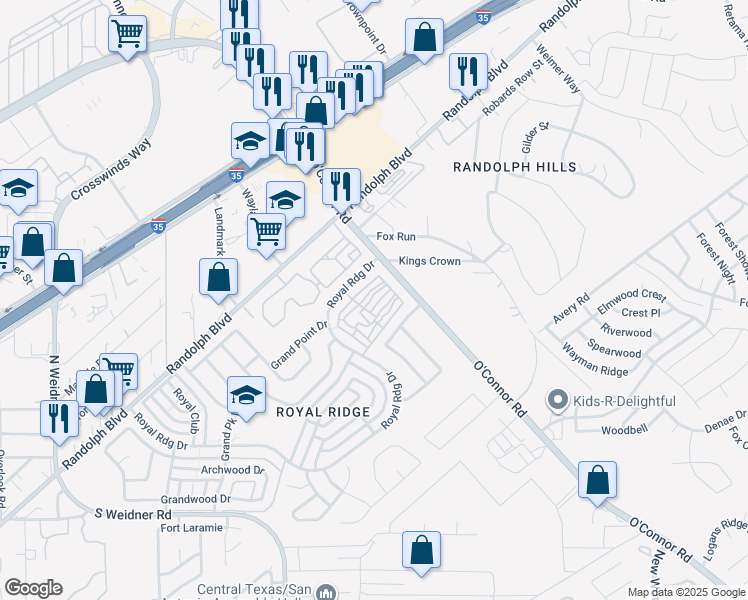 map of restaurants, bars, coffee shops, grocery stores, and more near 10937 Crown Park in San Antonio