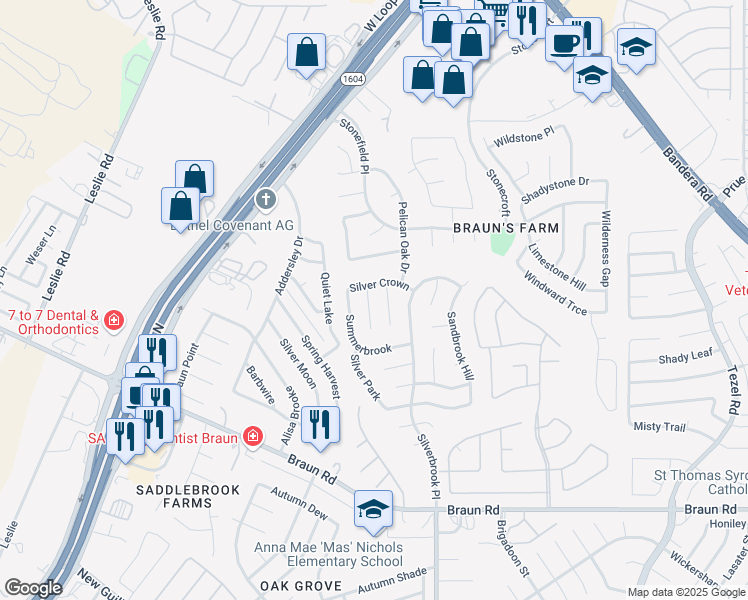 map of restaurants, bars, coffee shops, grocery stores, and more near 10138 Silverwagon in San Antonio
