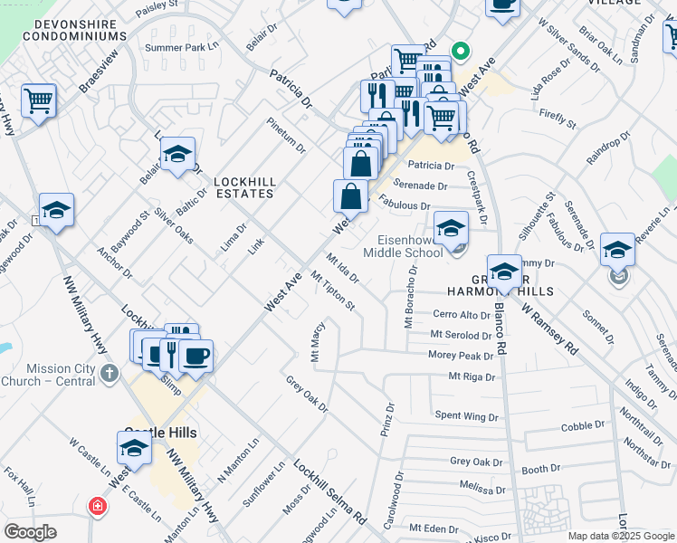 map of restaurants, bars, coffee shops, grocery stores, and more near 10903 Mount Ida Drive in San Antonio
