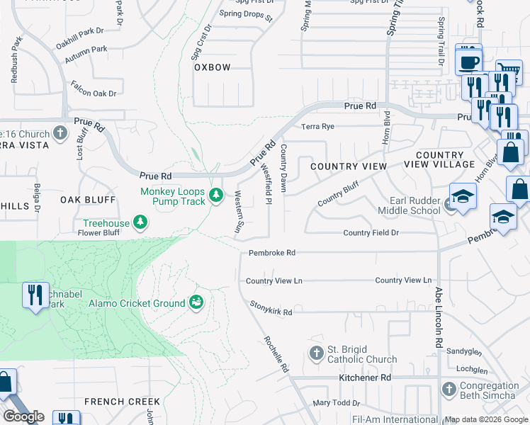 map of restaurants, bars, coffee shops, grocery stores, and more near 10415 Westfield Place in San Antonio