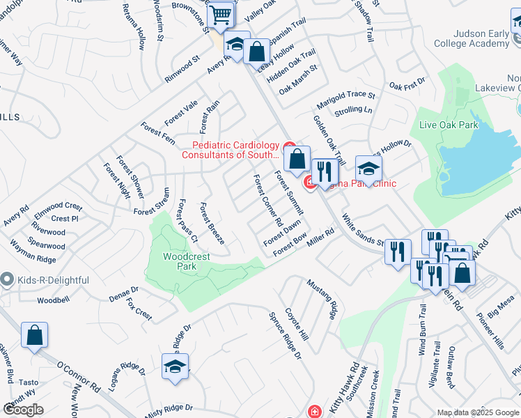 map of restaurants, bars, coffee shops, grocery stores, and more near 8014 Forest Ash in Live Oak