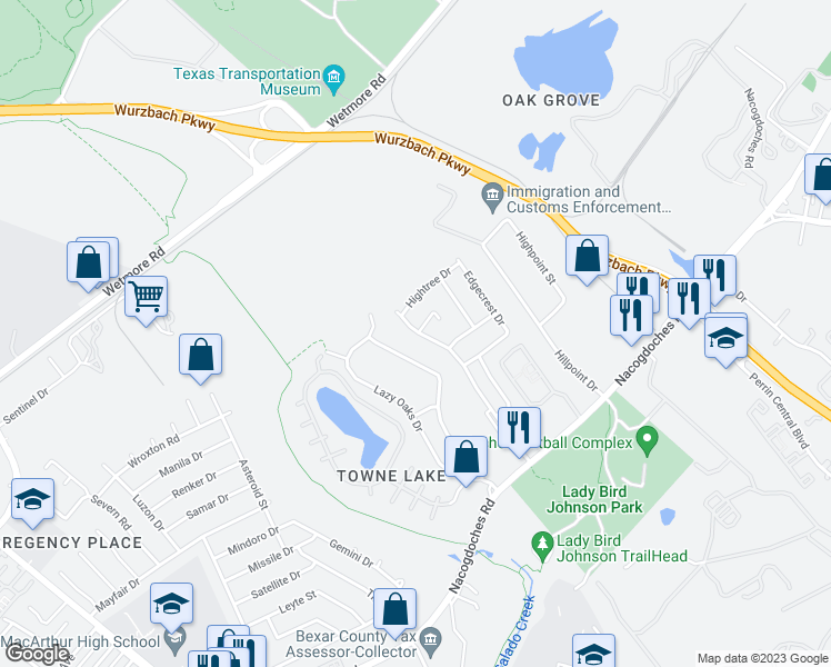 map of restaurants, bars, coffee shops, grocery stores, and more near 10645 Starcrest Drive in San Antonio