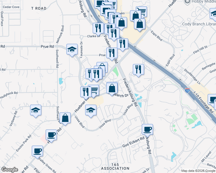 map of restaurants, bars, coffee shops, grocery stores, and more near 10422 Huebner Road in San Antonio