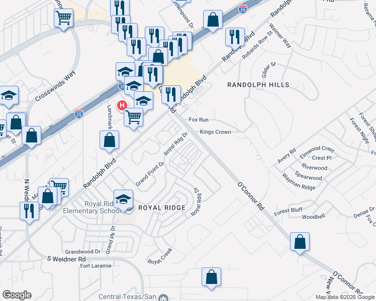 map of restaurants, bars, coffee shops, grocery stores, and more near 10937 Crown Park in San Antonio