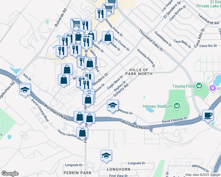 map of restaurants, bars, coffee shops, grocery stores, and more near 4246 Eagle Nest Drive in San Antonio
