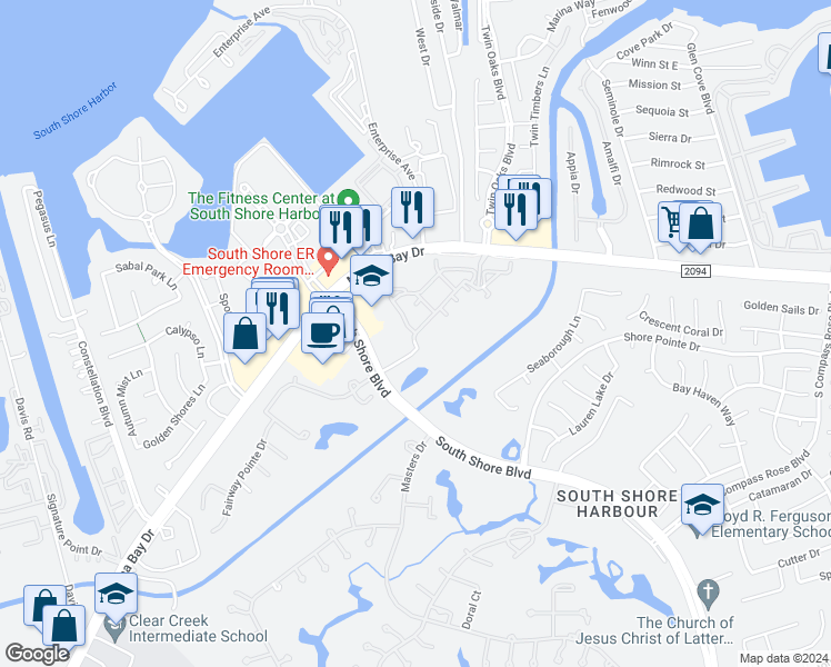 map of restaurants, bars, coffee shops, grocery stores, and more near Courageous Drive in League City