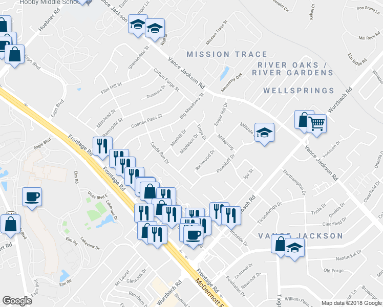 map of restaurants, bars, coffee shops, grocery stores, and more near 3631 Sugar Hill Drive in San Antonio