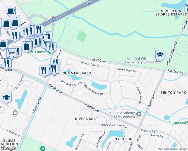 map of restaurants, bars, coffee shops, grocery stores, and more near 7911 Summer Night Lane in Richmond
