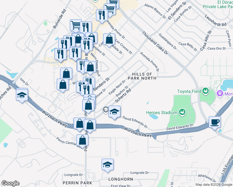 map of restaurants, bars, coffee shops, grocery stores, and more near 4246 Eagle Nest in San Antonio