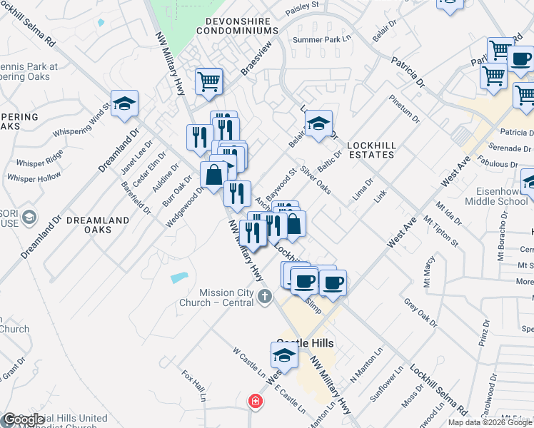 map of restaurants, bars, coffee shops, grocery stores, and more near 10819 Baltic Drive in San Antonio
