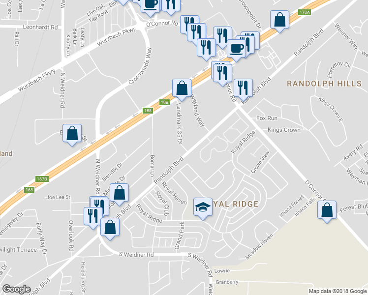 map of restaurants, bars, coffee shops, grocery stores, and more near 11110 Landmark 35 Drive in San Antonio