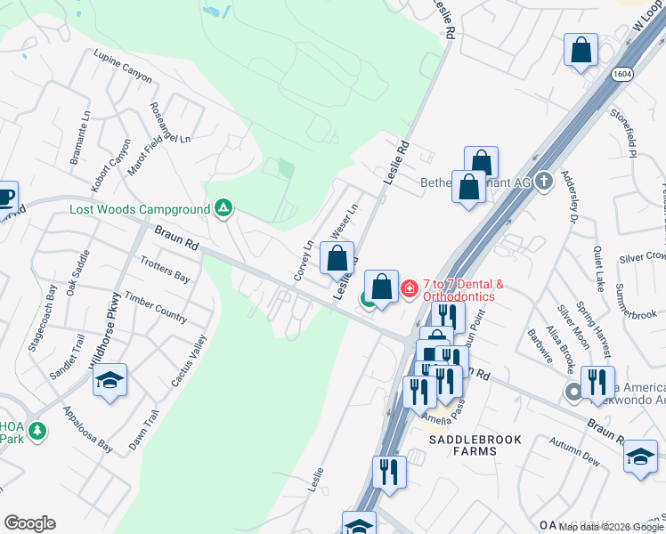 map of restaurants, bars, coffee shops, grocery stores, and more near 9811 Amberg Path in Helotes
