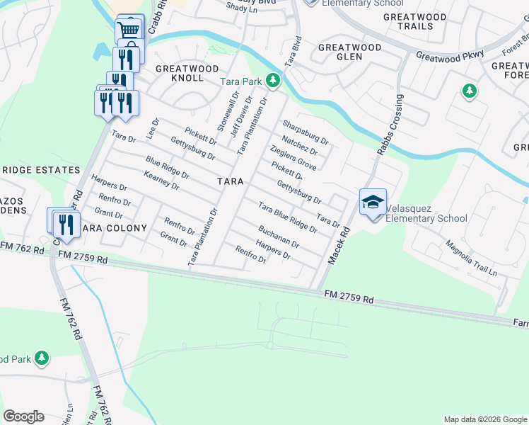 map of restaurants, bars, coffee shops, grocery stores, and more near 7102 Tara Blue Ridge Drive in Richmond