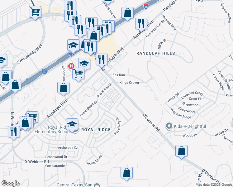 map of restaurants, bars, coffee shops, grocery stores, and more near 10937 Crown Park in San Antonio