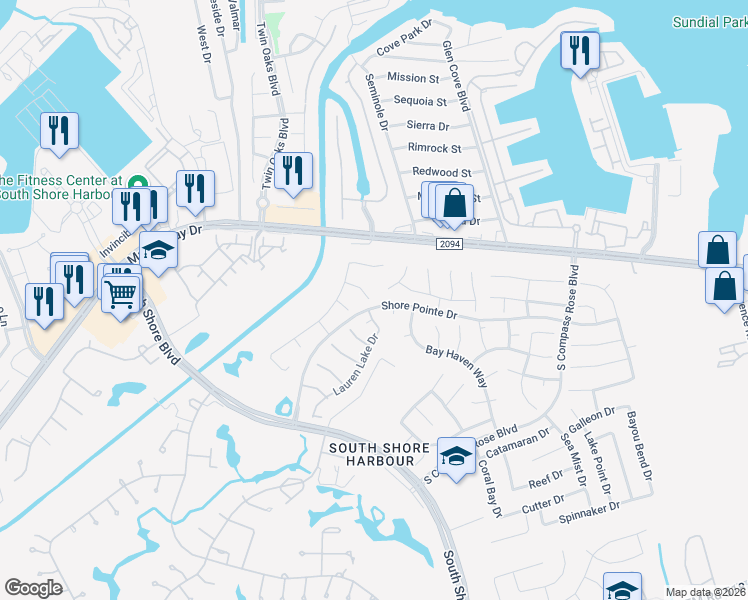 map of restaurants, bars, coffee shops, grocery stores, and more near 2002 Charter Pointe Court in League City