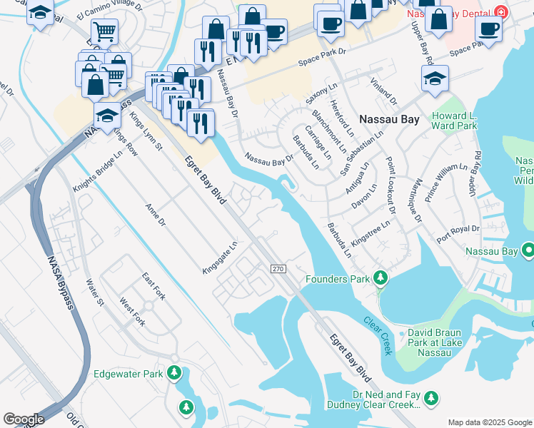 map of restaurants, bars, coffee shops, grocery stores, and more near 18617 Egret Bay Boulevard in Houston