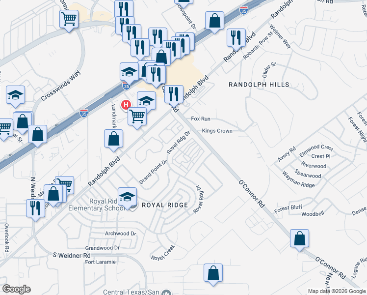 map of restaurants, bars, coffee shops, grocery stores, and more near 10937 Crown Park in San Antonio