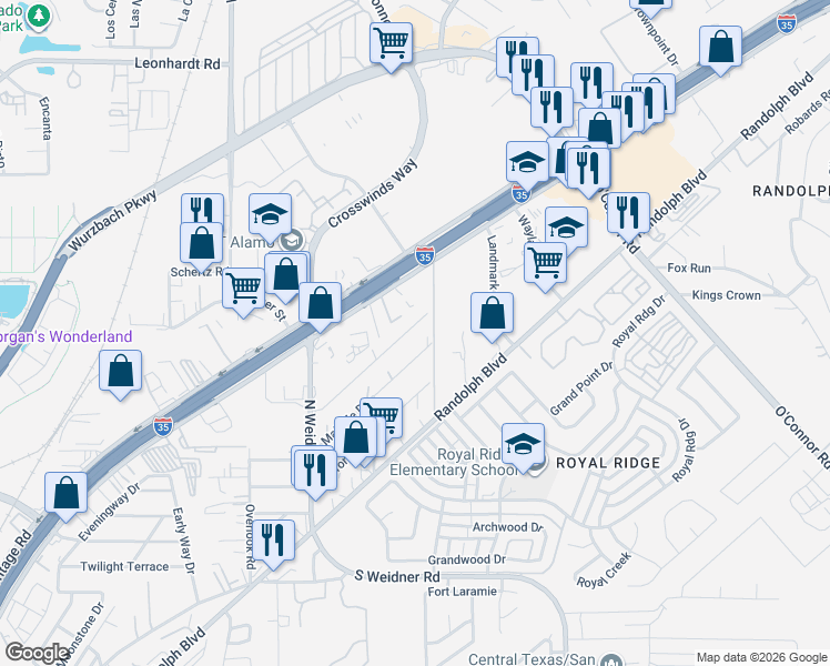 map of restaurants, bars, coffee shops, grocery stores, and more near 247 Mabelle Drive in San Antonio