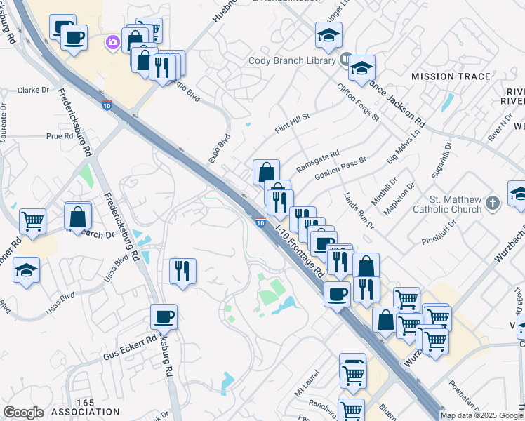 map of restaurants, bars, coffee shops, grocery stores, and more near West Interstate 10 in San Antonio