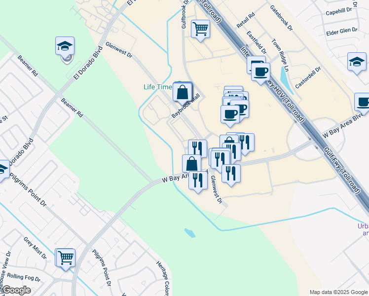 map of restaurants, bars, coffee shops, grocery stores, and more near York Brook Drive in Friendswood