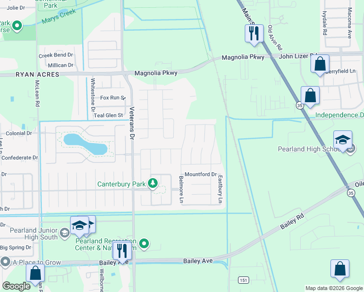 map of restaurants, bars, coffee shops, grocery stores, and more near 3509 Belmore Lane in Pearland