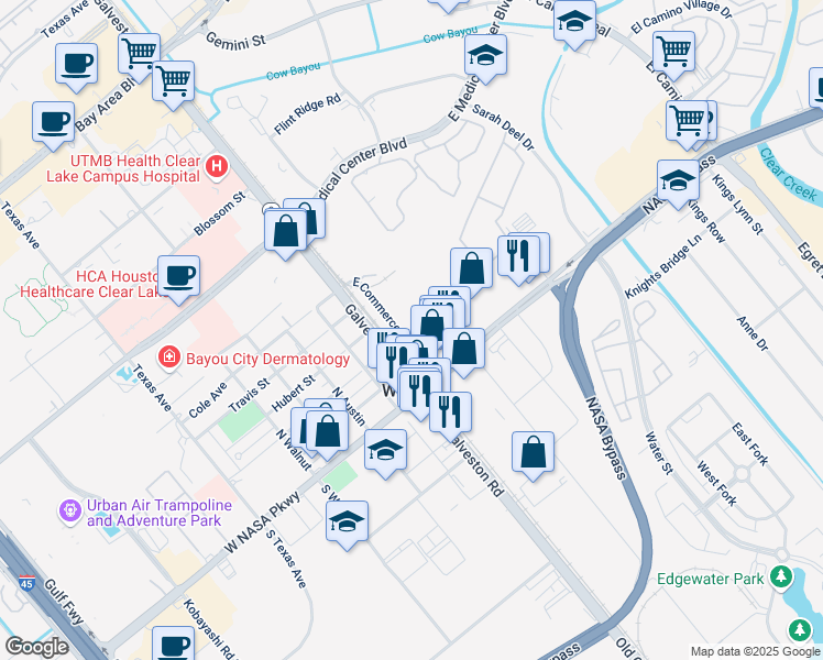 map of restaurants, bars, coffee shops, grocery stores, and more near 402 East Commerce Street in Webster