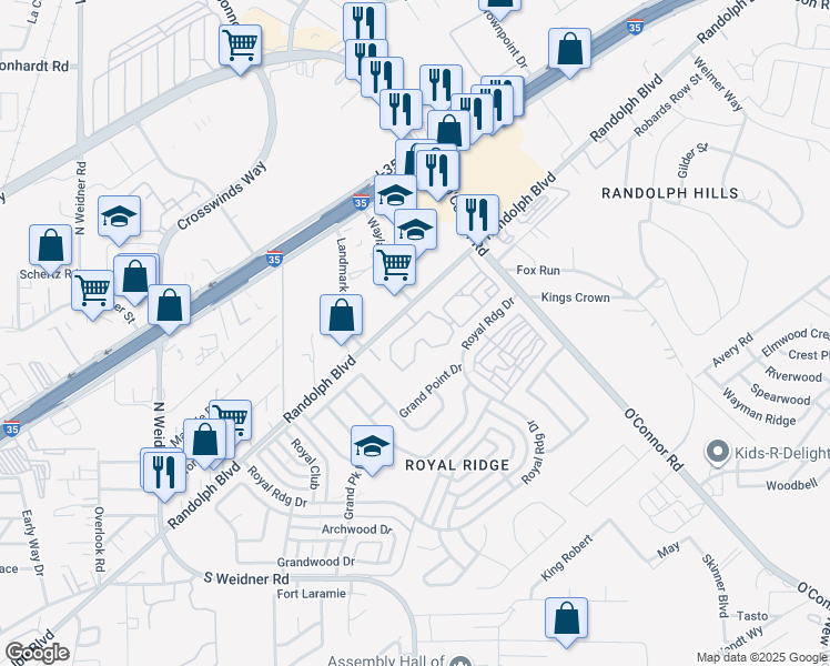 map of restaurants, bars, coffee shops, grocery stores, and more near 6000 Randolph Boulevard in San Antonio