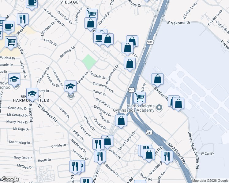 map of restaurants, bars, coffee shops, grocery stores, and more near 119 Summertime Drive in San Antonio